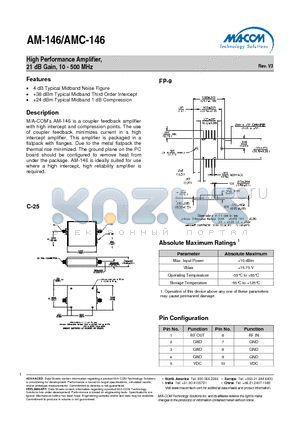 AM-146 datasheet - High Performance Amplifier, 21 dB Gain, 10 - 500 MHz