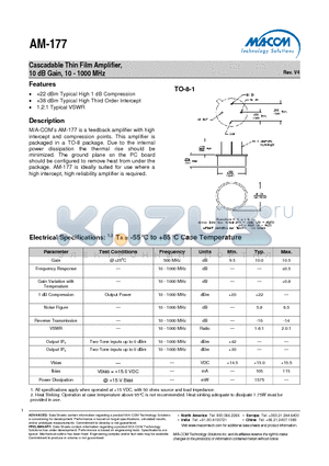 AM-177PIN datasheet - Cascadable Thin Film Amplifier, 10 dB Gain, 10 - 1000 MHz