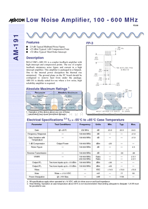 AM-191PIN datasheet - Low Noise Amplifier, 100 - 600 MHz