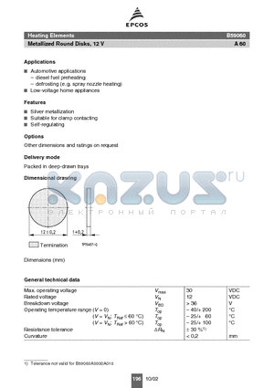 B59060A0120A010 datasheet - Metallized Round Disks, 12 V Heating Elements