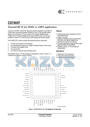 CX74037 datasheet - Transmit RF IC for TDMA or AMPS Applications