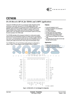 CX74036 datasheet - IS-136 Receive RF IC for TDMA and AMPS Applications
