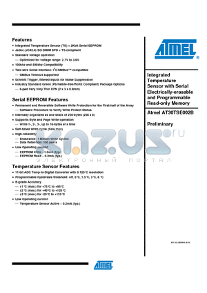 AT30TSE002B datasheet - Integrated Temperature Sensor with Serial Electrically-erasable and Programmable Read-only Memory