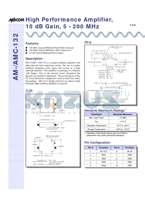AM-AMC-132 datasheet - High Performance Amplifier, 10 dB Gain, 5 - 200 MHz