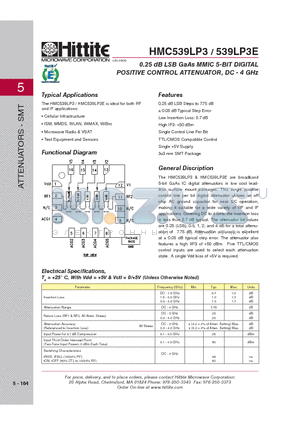 539LP3E datasheet - 0.25 dB LSB GaAs MMIC 5-BIT DIGITAL POSITIVE CONTROL ATTENUATOR, DC - 4 GHz