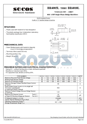 BR4005L datasheet - 40.0 AMP Single Phase Bridge Rectifiers