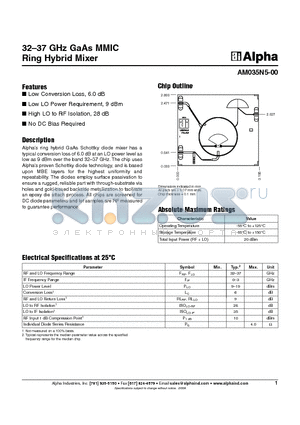AM035N5-00 datasheet - 32-37 GHz GaAs MMIC Ring Hybrid Mixer
