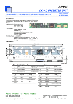 CXA-0214 datasheet - DC-AC INVERTER UNIT 5.0W DUAL OUTPUTS WITH DIMMING FUNCTION