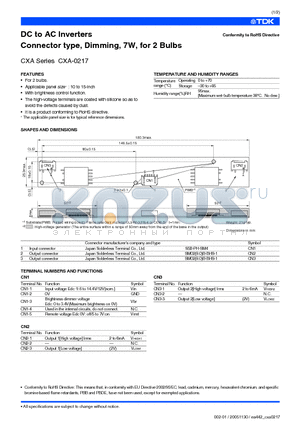 CXA-0217 datasheet - DC to AC Inverters Connector type, Dimming, 7W, for 2 Bulbs