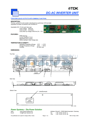 CXA-0349 datasheet - DC-AC INVERTER UNIT QUAD OUTPUTS WITH DIMMING FUNCTION