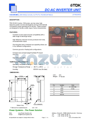 CXA-M10M-L datasheet - DC-AC INVERTER UNIT 6W SINGLE & DUAL OUTPUTS, PCB MOUNTABLE