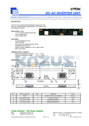 CXA-P1212-VJL datasheet - DC-AC INVERTER UNIT 7W DUAL OUTPUTS WITH DIMMING FUNCTION