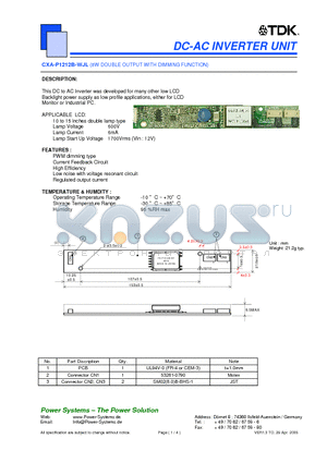 CXA-P1212B-WJL datasheet - DC-AC INVERTER UNIT 8W DOUBLE OUTPUT WITH DIMMING FUNCTION