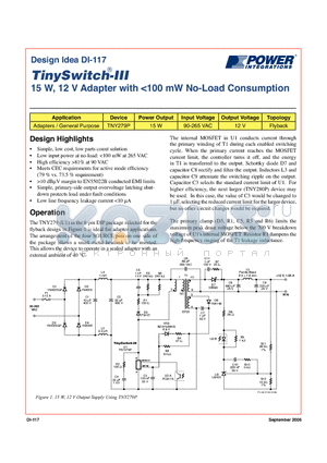 DI-117 datasheet - 15 W, 12 V Adapter with <100 mW No-Load Consumption