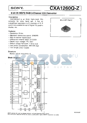 CXA1260Q datasheet - 8 BIT 35 MSPS RGB 3-CHANNEL D/A CONVERTER