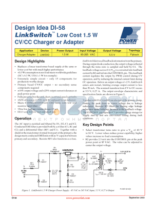 DI-58 datasheet - Low Cost 1.5 W CV/CC Charger or Adapter