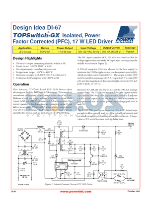 DI-67 datasheet - Isolated, Power Factor Corrected (PFC), 17 W LED Driver