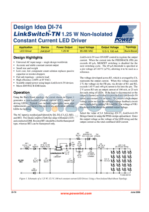 DI-74 datasheet - 1.25 W Non-Isolated Constant Current LED Driver