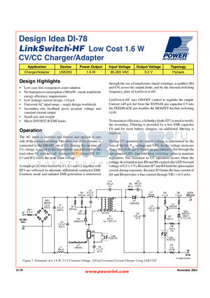 DI-78 datasheet - Low Cost 1.6 W CV/CC Charger/Adapter