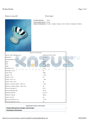 54122 datasheet - 20 watt, tungsten halogen, low to medium voltage with reflector