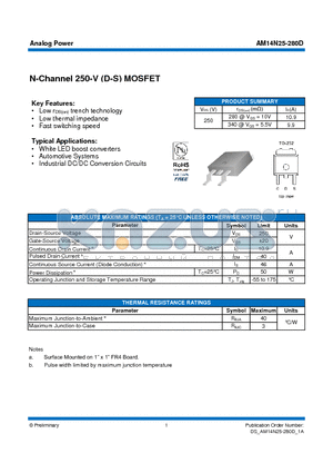 AM14N25-280D datasheet - N-Channel 250-V (D-S) MOSFET