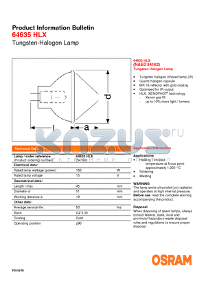 54162 datasheet - Product Information Bulletin 64635 HLX Tungsten-Halogen Lamp