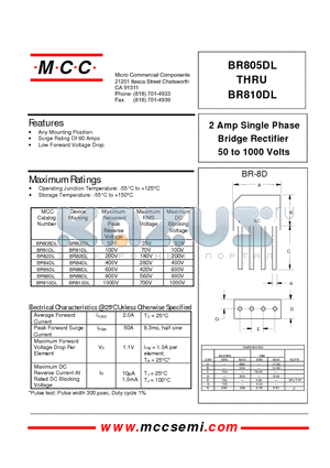 BR84DL datasheet - 2 Amp Single Phase Bridge Rectifier 50 to 1000 Volts