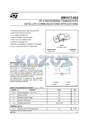 AM1517-025 datasheet - RF & MICROWAVE TRANSISTORS SATELLITE COMMUNICATIONS APPLICATIONS