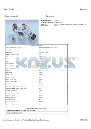 54189 datasheet - 100 watt, tungsten halogen, low to medium voltage with reflector
