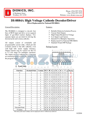 DI8884A datasheet - High Voltage Cathode Decoder/Driver