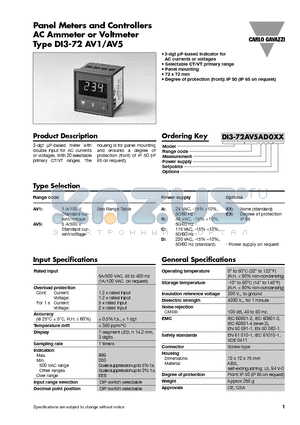 DI3-72AV5AD0XX datasheet - Panel Meters and Controllers AC Ammeter or Voltmeter