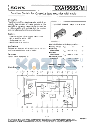 CXA1568M datasheet - FUNCTION SWITCH FOR CASSETTE TAPE RECORDER WITH RADIO