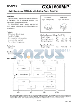 CXA1600P datasheet - 8-pin Single-chip AM Radio with Built-in Power Amplifier