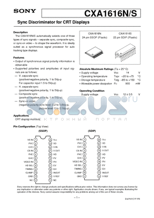 CXA1616N datasheet - Sync Discriminator for CRT Displays