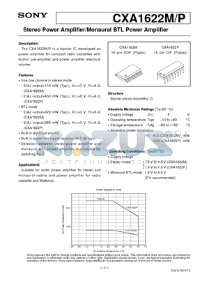 CXA1622M datasheet - Stereo Power Amplifier/Monaural BTL Power Amplifier
