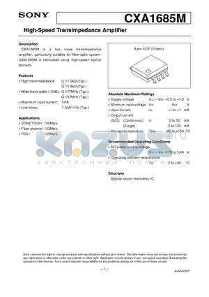 CXA1685M datasheet - High-Speed Transimpedance Amplifier