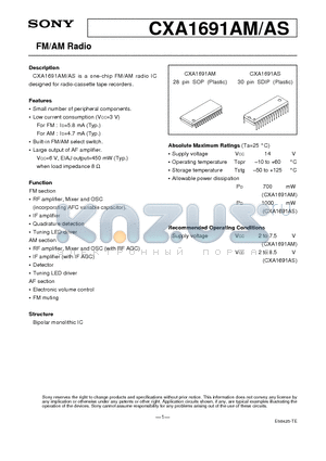 CXA1691AM datasheet - FM/AM Radio