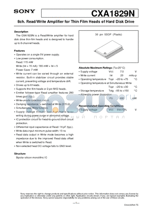 CXA1829N datasheet - 8ch. Read/Write Amplifier for Thin Film Heads of Hard Disk Drive