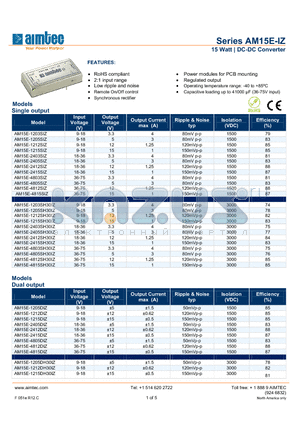 AM15E-4805SH30IZ datasheet - 15 Watt | DC-DC Converter