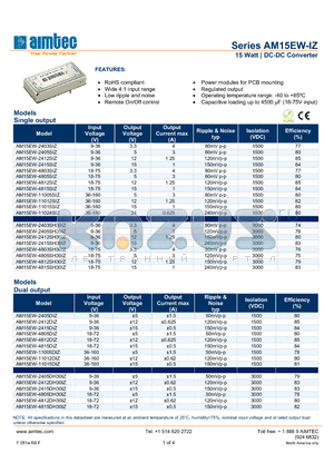 AM15EW-11015DIZ datasheet - 15 Watt | DC-DC Converter