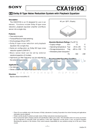 CXA1910 datasheet - Dolby B Type Noise Reduction System with Playback Equalizer
