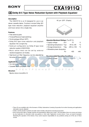 CXA1911 datasheet - Dolby B/C Type Noise Reduction System with Playback Equalizer