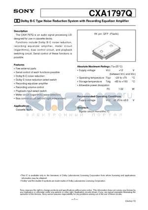 CXA1797Q datasheet - Dolby B-C Type Noise Reduction System with Recording Equalizer Amplifier