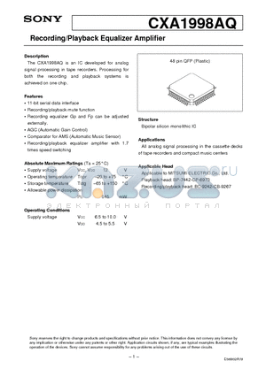 CXA1998 datasheet - Recording/Playback Equalizer Amplifier