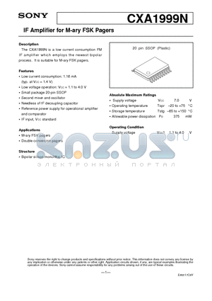 CXA1999 datasheet - IF Amplifier for M-ary FSK Pagers