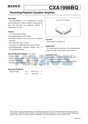 CXA1998BQ datasheet - Recording/Playback Equalizer Amplifier