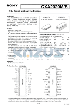 CXA2020S datasheet - EIAJ Sound Multiplexing Decoder