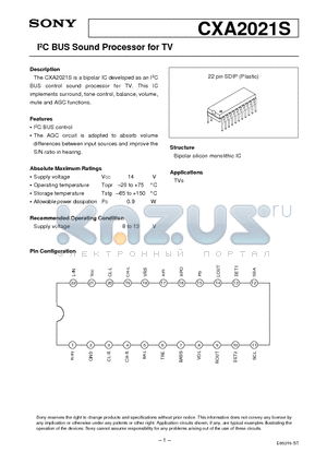 CXA2021 datasheet - I2C BUS Sound Processor for TV