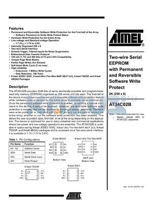 AT34C02B datasheet - Two-wire Serial EEPROM with Permanent and Reversible Software Write Protect