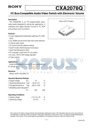 CXA2078Q datasheet - I2C Bus-Compatible Audio/Video Switch with Electronic Volume